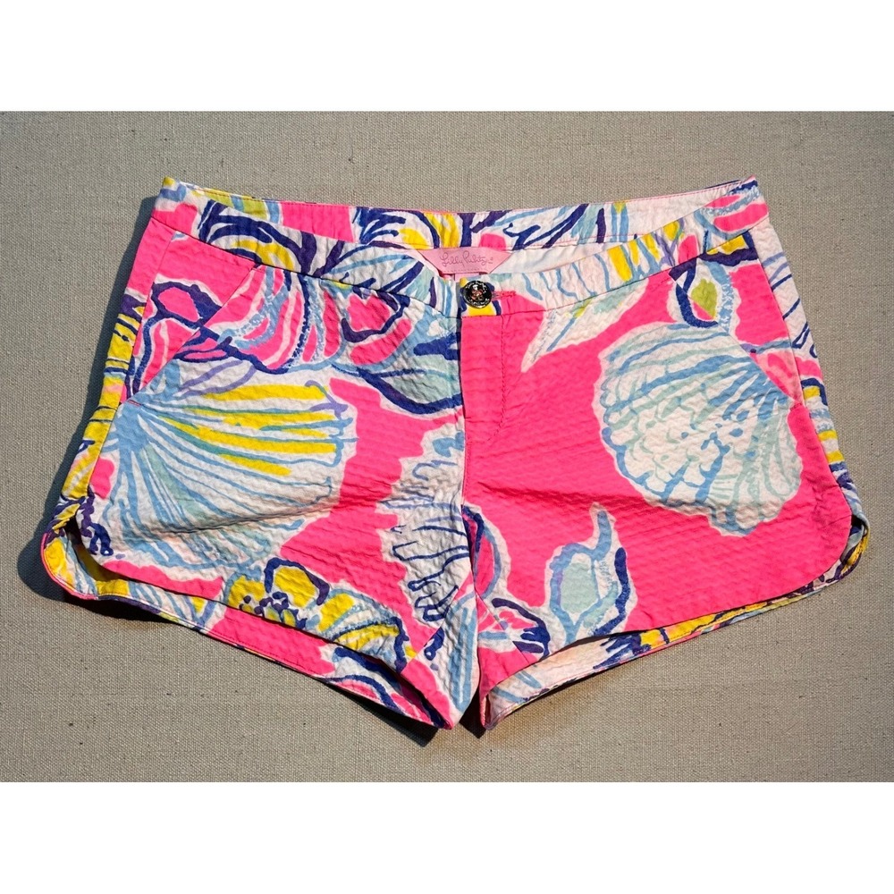 Lilly Pulitzer Callahan Shorts Womens 00 Pink Blue Seashell Seersucker Cotton